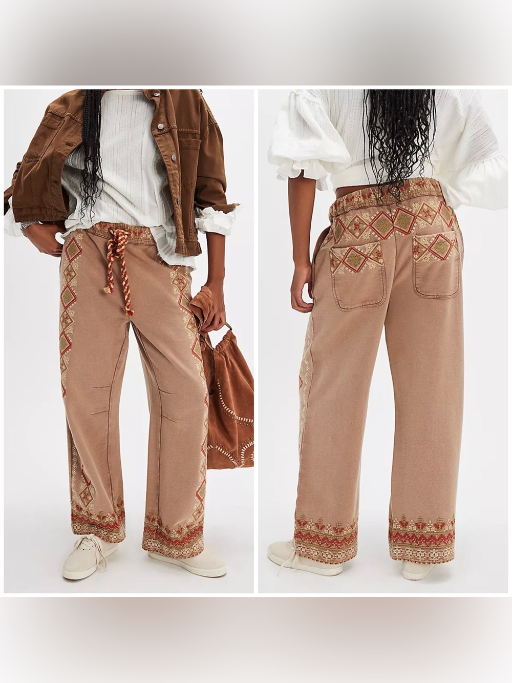 Free People Wide Leg Embroidered Tan Pants